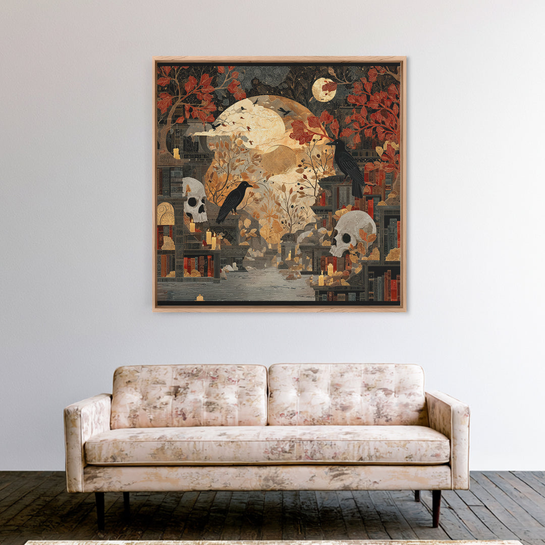 The Catacomb Library - Surreal Celestial Vision, Macabre Halloween Art, Square Wall Art, Framed Canvas Print, Halloween Home Decor