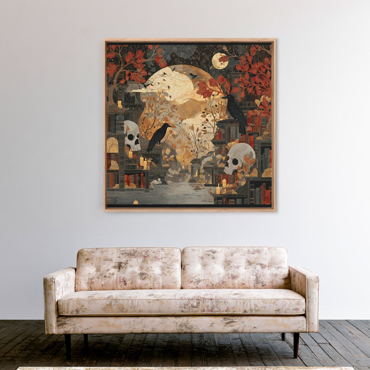 The Catacomb Library - Surreal Celestial Vision, Macabre Halloween Art, Square Wall Art, Framed Canvas Print, Halloween Home Decor