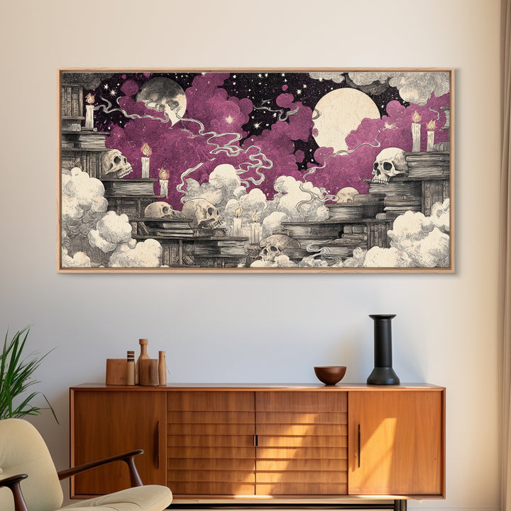 The Catacomb Library - Surreal Celestial Vision, Halloween Wall Art, Wide Panoramic Art, Framed Canvas Print, Halloween Home Decor