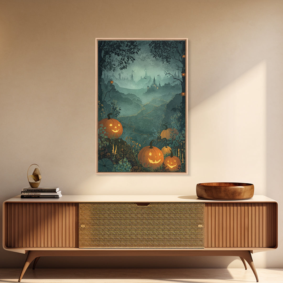 The Jack-O-Lantern Crown Jewels - Environmental Panorama, Spooky Wall Decor, Vertical Wall Art, Framed Canvas Print, Halloween Home Decor