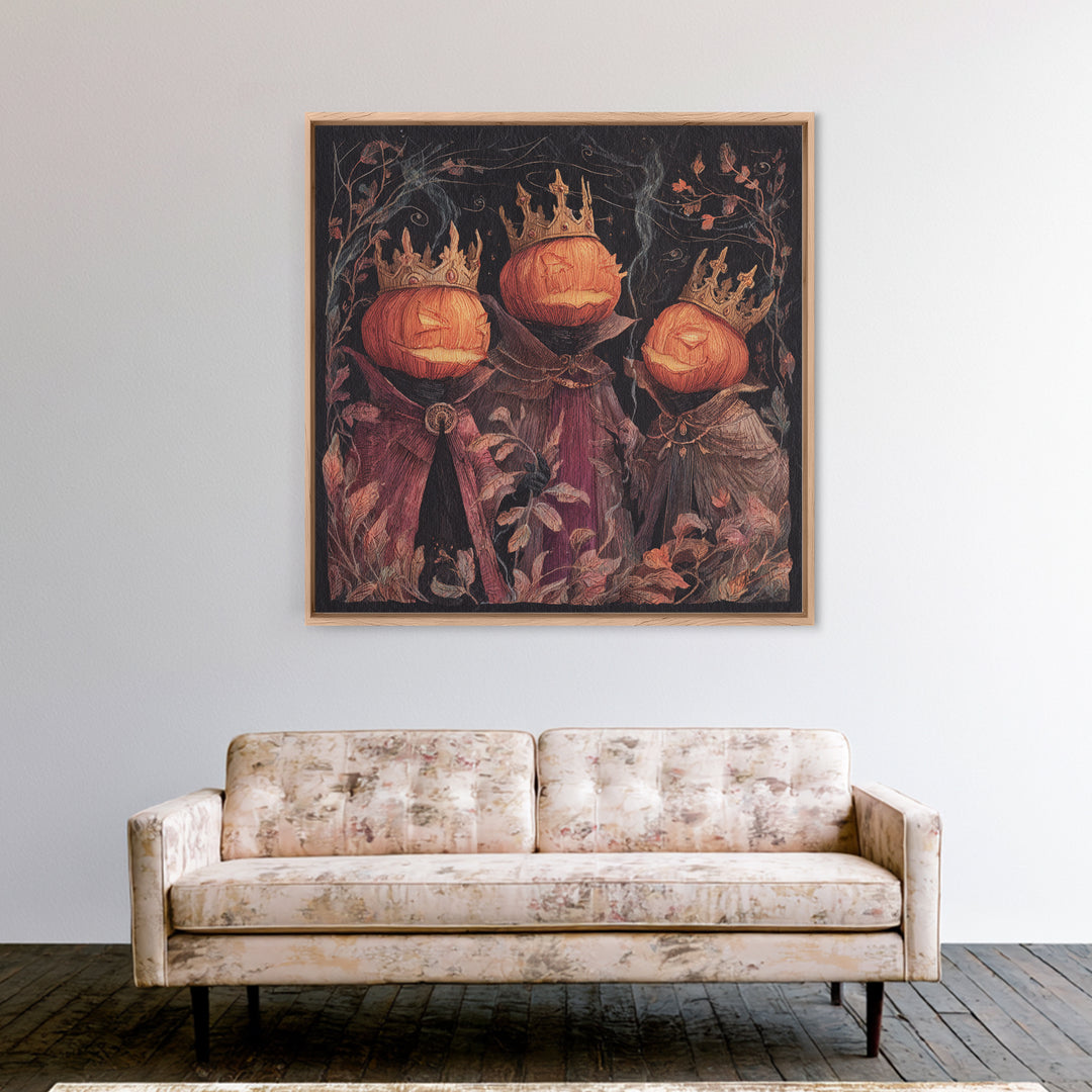 The Jack-O-Lantern Crown Jewels - Procession Scene, Macabre Halloween Art, Square Wall Art, Framed Canvas Print, Halloween Home Decor