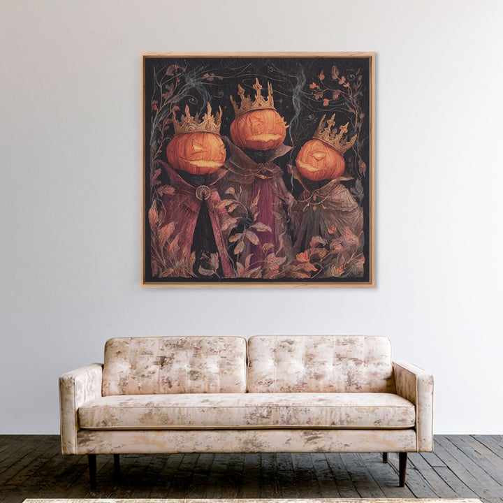 The Jack-O-Lantern Crown Jewels - Procession Scene, Macabre Halloween Art, Square Wall Art, Framed Canvas Print, Halloween Home Decor