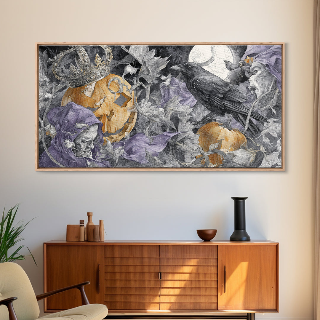 The Jack-O-Lantern Crown Jewels - Procession Scene, Spooky Wall Decor, Wide Panoramic Art, Framed Canvas Print, Halloween Home Decor