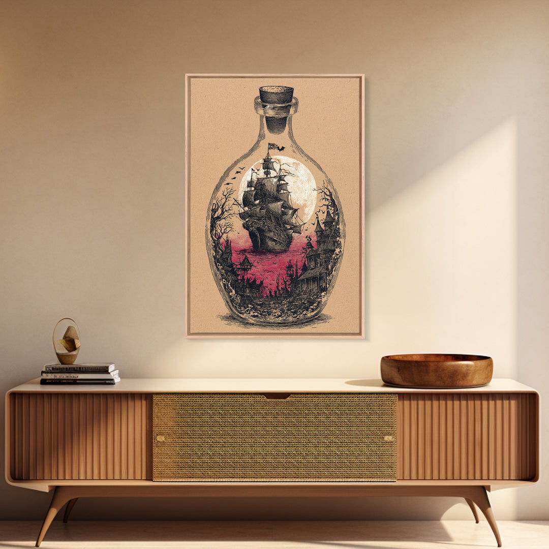The Ghost Ship In A Bottle - Icon Portrait, Spooky Wall Decor, Vertical Wall Art, Framed Canvas Print, Halloween Home Decor, Gothic Wall Art