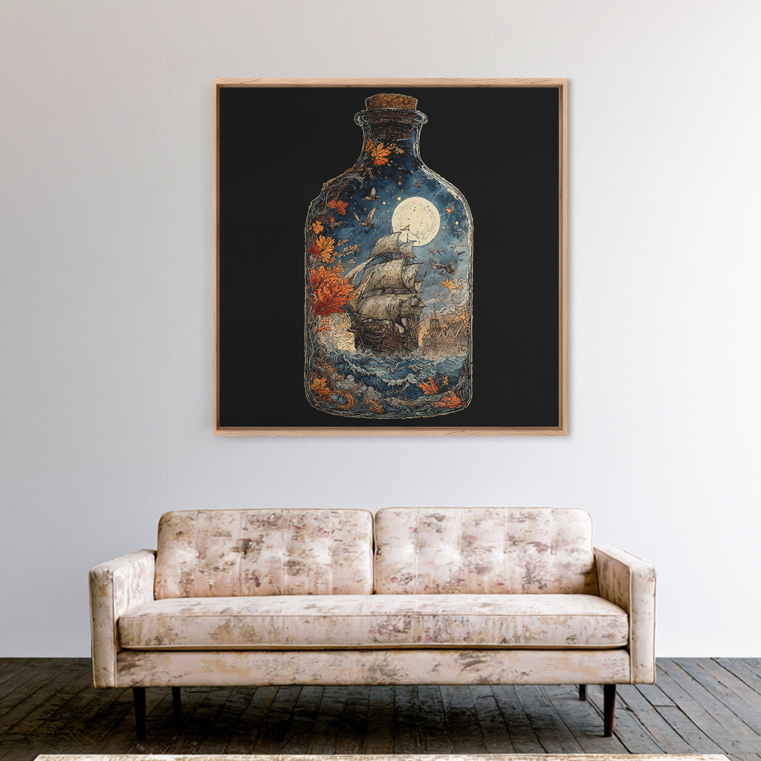 The Ghost Ship In A Bottle - Icon Portrait, Macabre Halloween Art, Square Wall Art, Framed Canvas Print, Halloween Home Decor