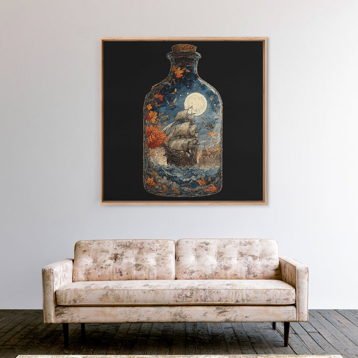 The Ghost Ship In A Bottle - Icon Portrait, Macabre Halloween Art, Square Wall Art, Framed Canvas Print, Halloween Home Decor