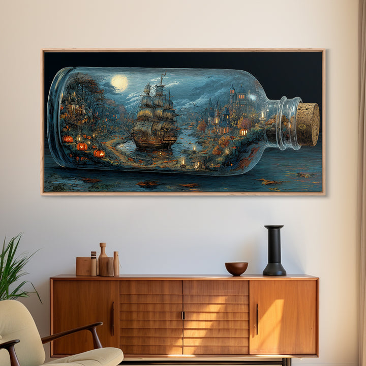 The Ghost Ship In A Bottle - Environmental Panorama, Gothic Home Decor, Wide Panoramic Art, Canvas Print, Halloween Home Decor
