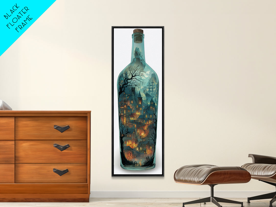 The Ghost Ship In A Bottle - Environmental Panorama, Spooky Wall Decor, Tall Narrow Wall Art, Framed Canvas Print, Halloween Home Decor