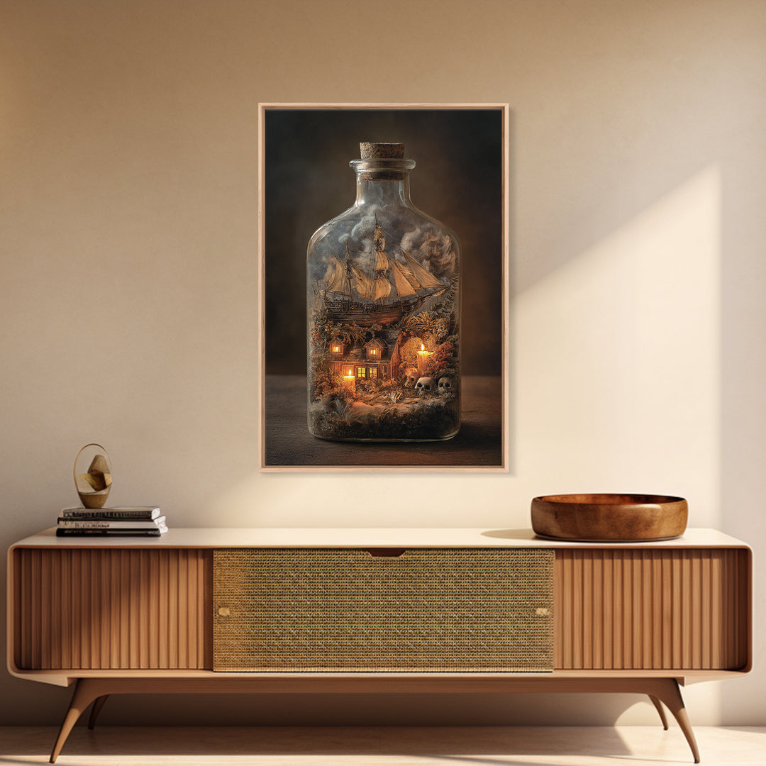 The Ghost Ship In A Bottle - Occult Still Life, Dark Fantasy Wall Art, Vertical Wall Art, Canvas Print, Halloween Home Decor
