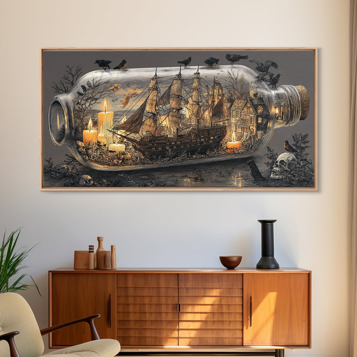 The Ghost Ship In A Bottle - Occult Still Life, Spooky Wall Decor, Wide Panoramic Art, Framed Canvas Print, Halloween Home Decor