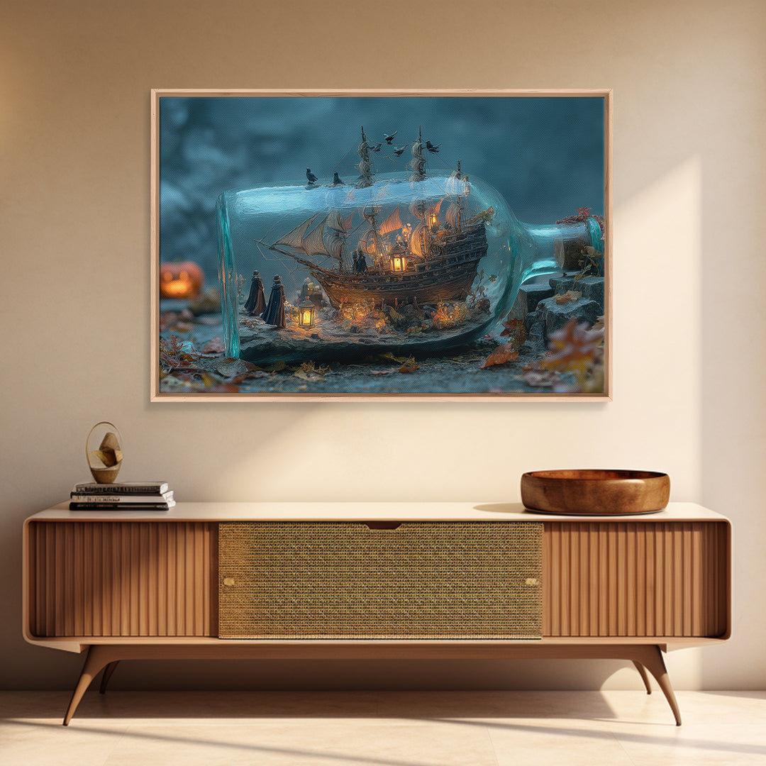 The Ghost Ship In A Bottle - Procession Scene, Dark Fantasy Wall Art, Landscape Wall Art, Canvas Print, Halloween Home Decor