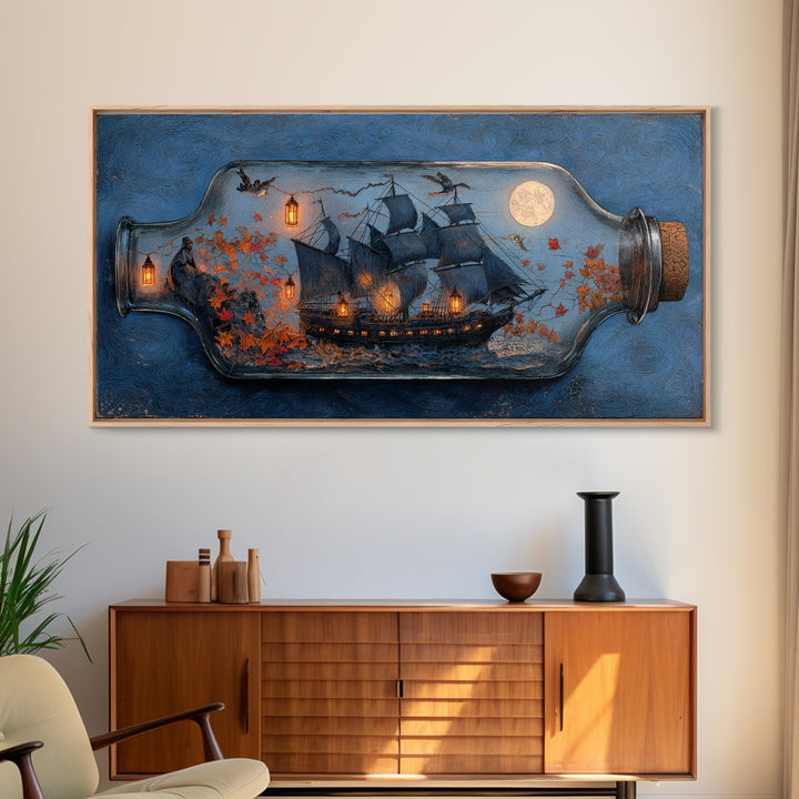 The Ghost Ship In A Bottle - Procession Scene, Occult Wall Decor, Wide Panoramic Art, Canvas Print, Halloween Home Decor, Gothic Wall Art