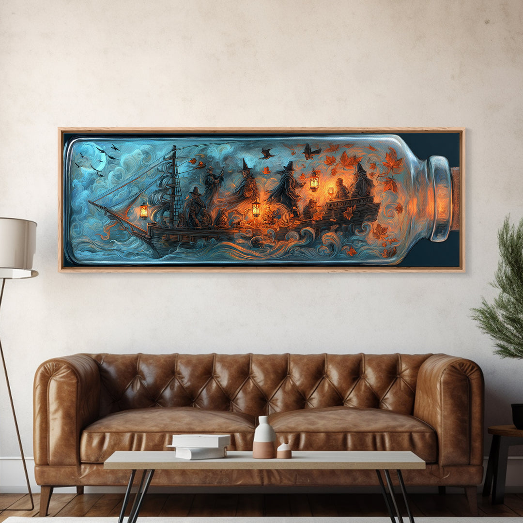 The Ghost Ship In A Bottle - Procession Scene, Halloween Wall Art, Extra Wide Wall Art, Framed Canvas Print, Halloween Home Decor