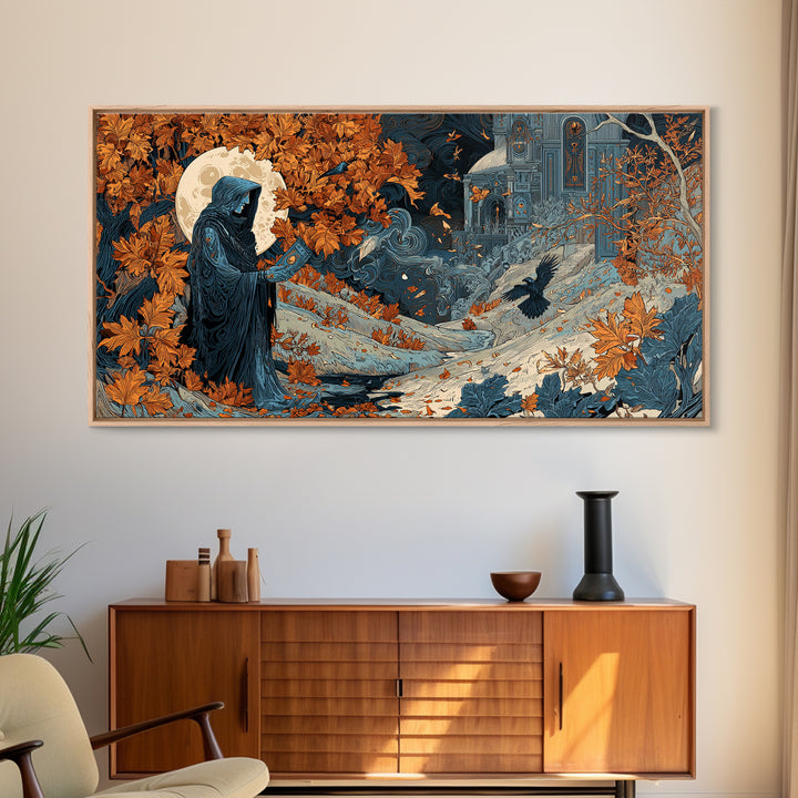The Harvest Moon Tarot Reader - Environmental Panorama, Dark Fantasy Wall Art, Wide Panoramic Art, Canvas Print, Halloween Home Decor