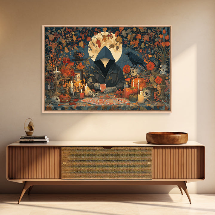The Harvest Moon Tarot Reader - Occult Still Life, Occult Wall Decor, Landscape Wall Art, Canvas Print, Halloween Home Decor