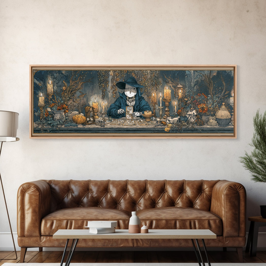 The Harvest Moon Tarot Reader - Occult Still Life, Spooky Wall Decor, Extra Wide Wall Art, Framed Canvas Print, Halloween Home Decor