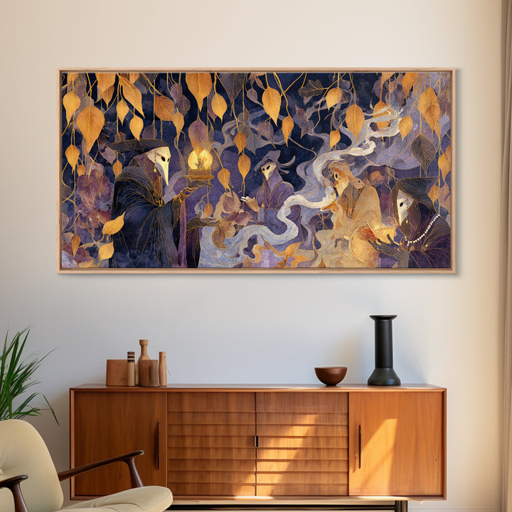 The Harvest Moon Tarot Reader - Procession Scene, Dark Fantasy Wall Art, Wide Panoramic Art, Canvas Print, Halloween Home Decor