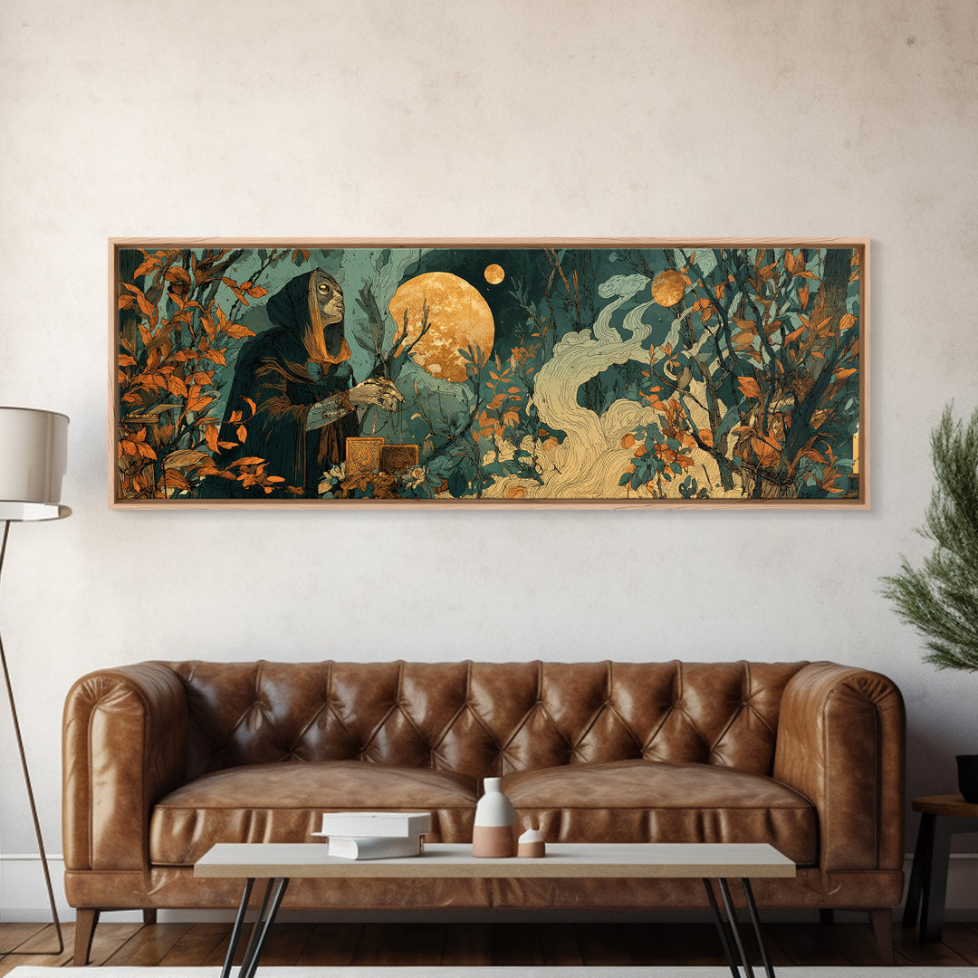 The Harvest Moon Tarot Reader - Surreal Celestial Vision, Occult Wall Decor, Extra Wide Wall Art, Canvas Print, Halloween Home Decor