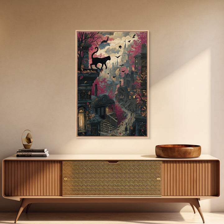 The Black Cat Constellation - Environmental Panorama, Macabre Halloween Art, Vertical Wall Art, Framed Canvas Print, Halloween Home Decor