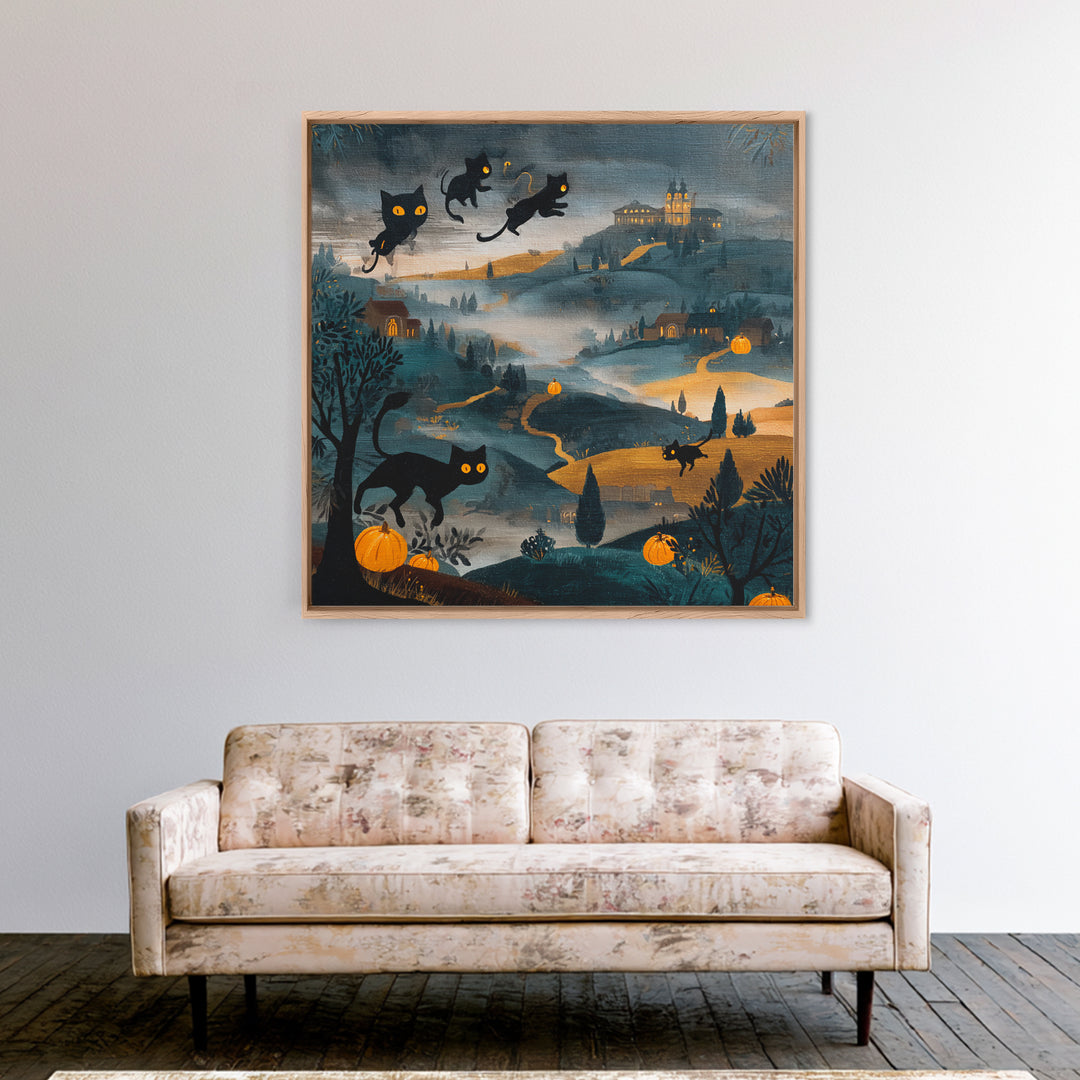 The Black Cat Constellation - Environmental Panorama, Halloween Wall Art, Square Wall Art, Framed Canvas Print, Halloween Home Decor