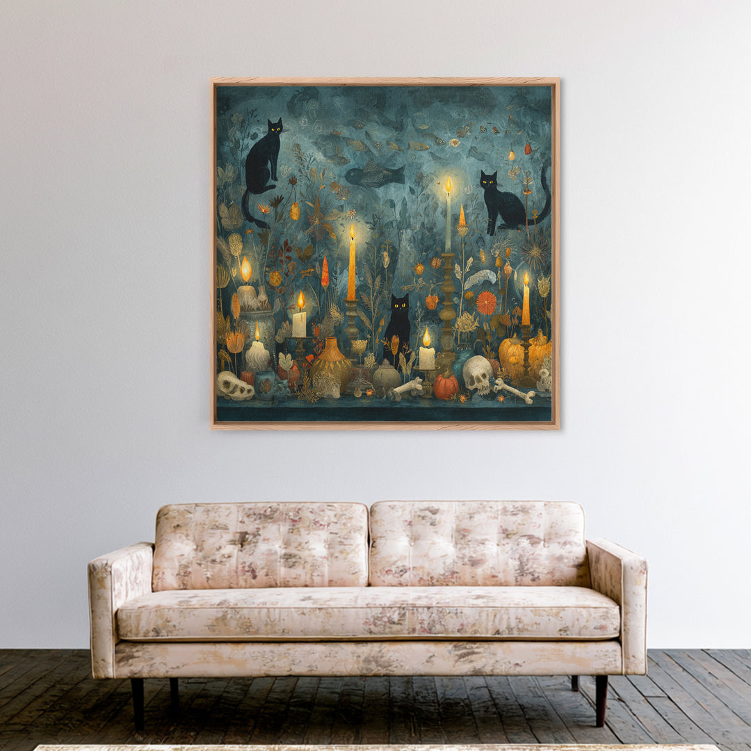 The Black Cat Constellation - Occult Still Life, Occult Wall Decor, Square Wall Art, Canvas Print, Halloween Home Decor, Gothic Wall Art