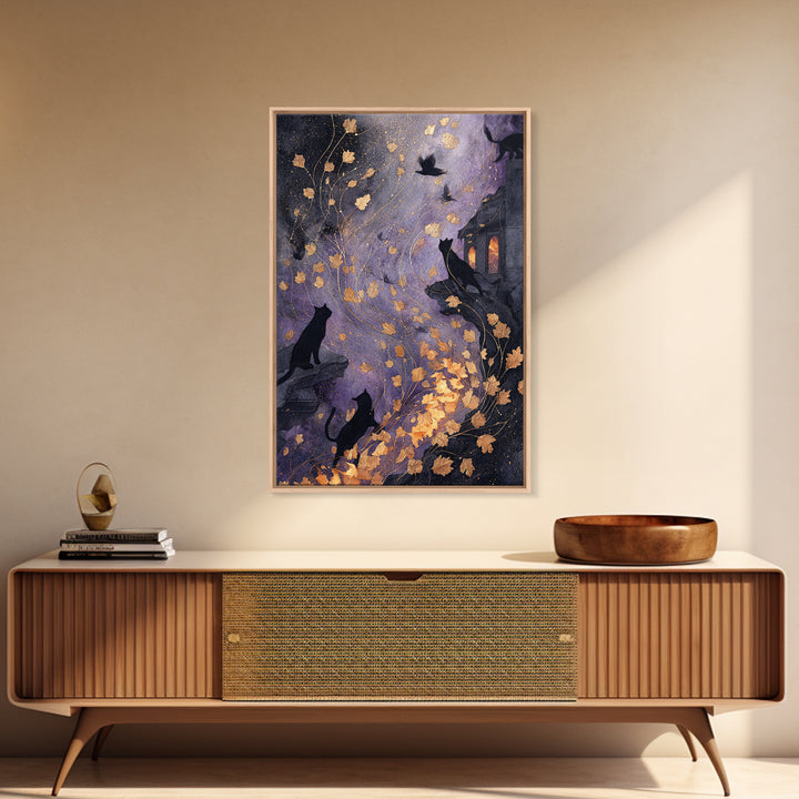 The Black Cat Constellation - Procession Scene, Halloween Wall Art, Vertical Wall Art, Framed Canvas Print, Halloween Home Decor