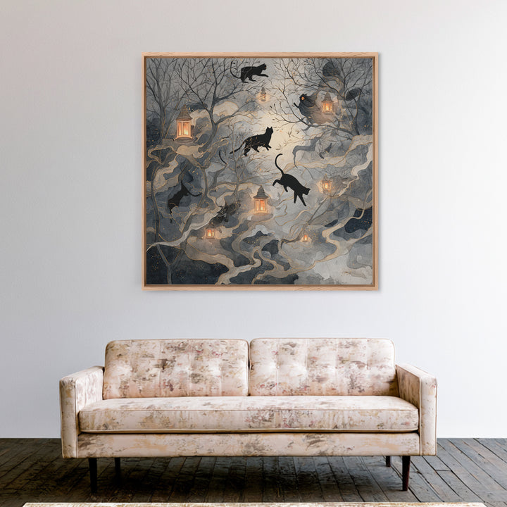 The Black Cat Constellation - Procession Scene, Macabre Halloween Art, Square Wall Art, Framed Canvas Print, Halloween Home Decor