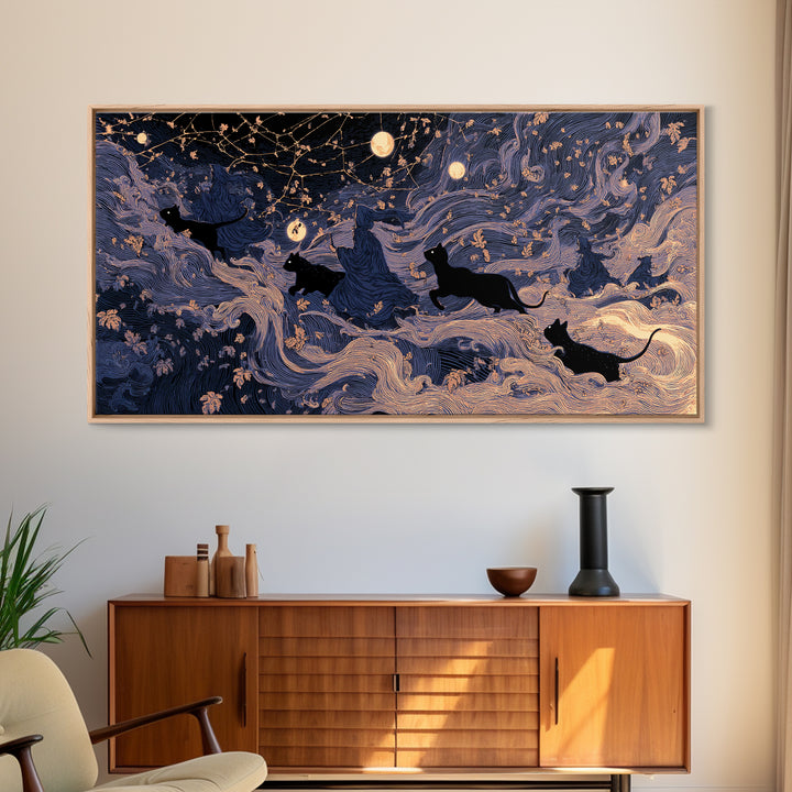 The Black Cat Constellation - Procession Scene, Occult Wall Decor, Wide Panoramic Art, Canvas Print, Halloween Home Decor, Gothic Wall Art