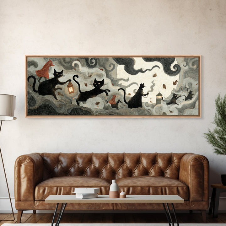 The Black Cat Constellation - Procession Scene, Gothic Home Decor, Extra Wide Wall Art, Canvas Print, Halloween Home Decor, Gothic Wall Art