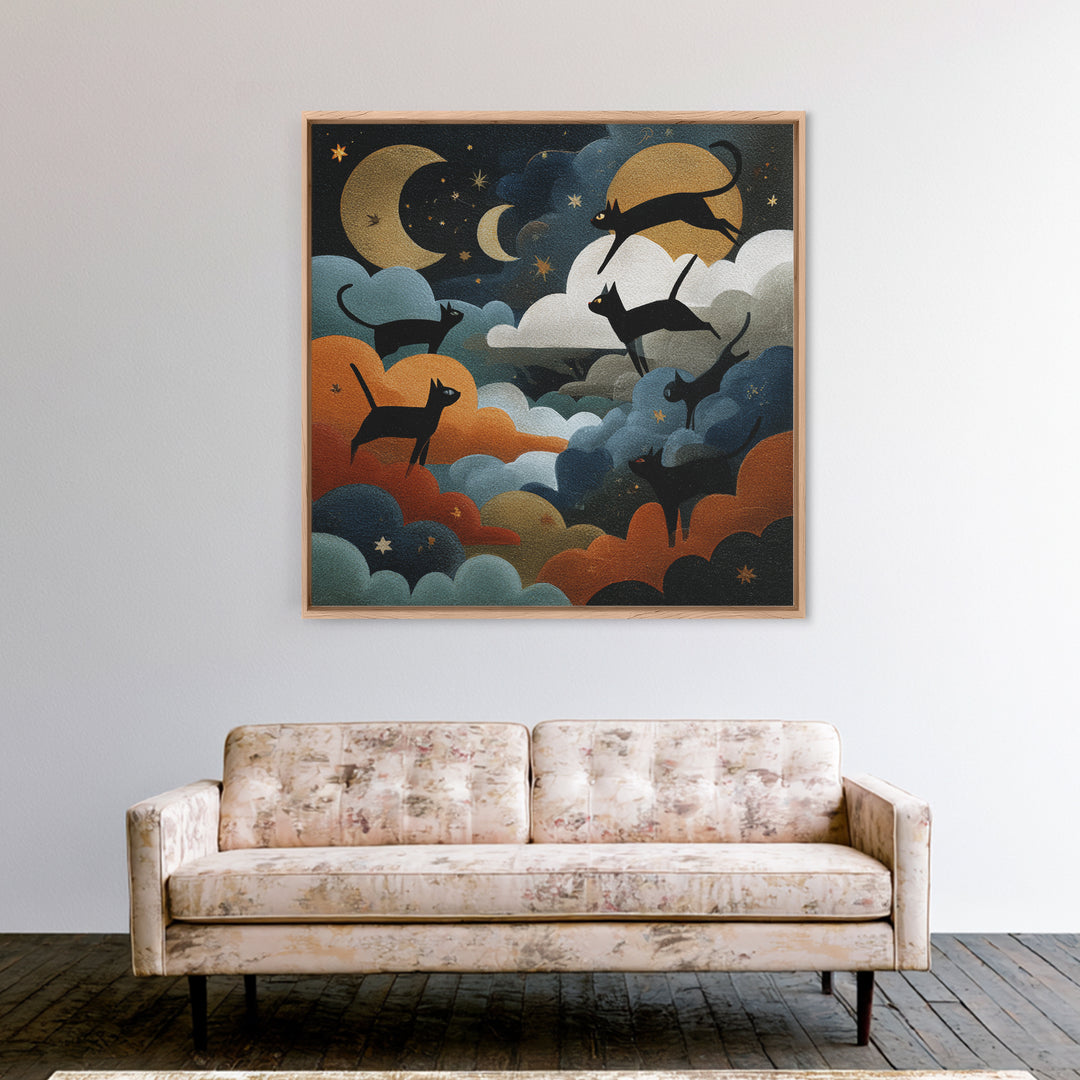 The Black Cat Constellation - Surreal Celestial Vision, Occult Wall Decor, Square Wall Art, Canvas Print, Halloween Home Decor