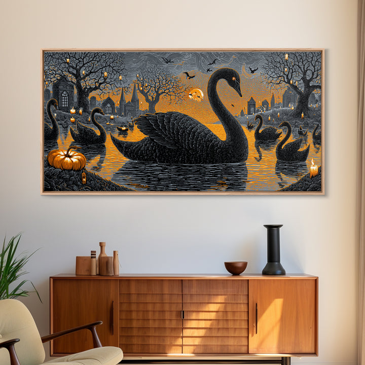 The Cemetery Swan Lake - Icon Portrait, Halloween Wall Art, Wide Panoramic Art, Framed Canvas Print, Halloween Home Decor, Gothic Wall Art