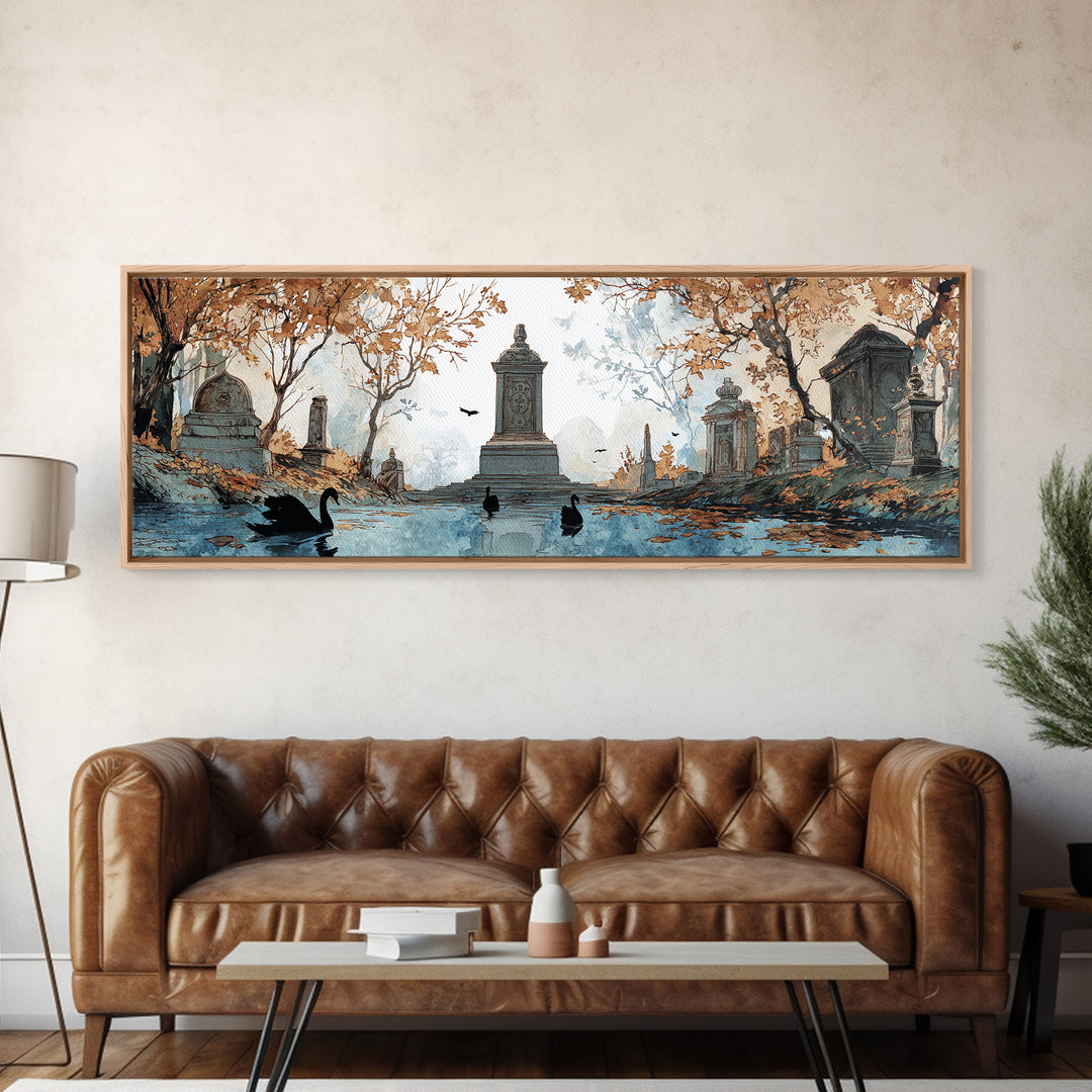 The Cemetery Swan Lake - Icon Portrait, Gothic Home Decor, Extra Wide Wall Art, Canvas Print, Halloween Home Decor, Gothic Wall Art