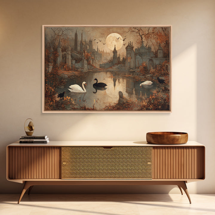 The Cemetery Swan Lake - Environmental Panorama, Occult Wall Decor, Landscape Wall Art, Canvas Print, Halloween Home Decor, Gothic Wall Art