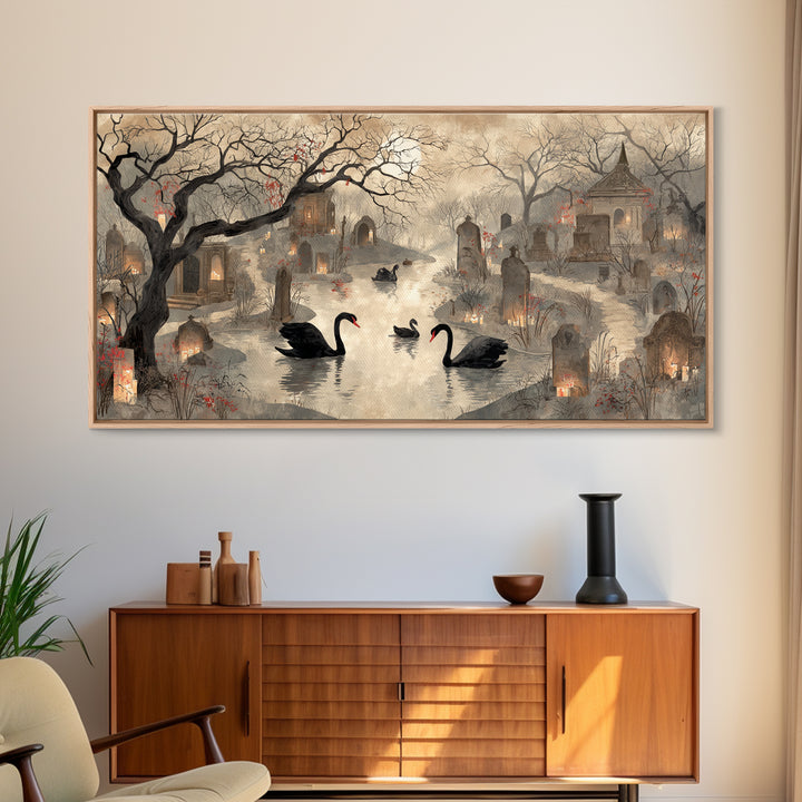 The Cemetery Swan Lake - Environmental Panorama, Dark Fantasy Wall Art, Wide Panoramic Art, Canvas Print, Halloween Home Decor
