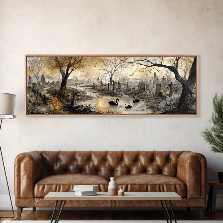 The Cemetery Swan Lake - Environmental Panorama, Halloween Wall Art, Extra Wide Wall Art, Framed Canvas Print, Halloween Home Decor