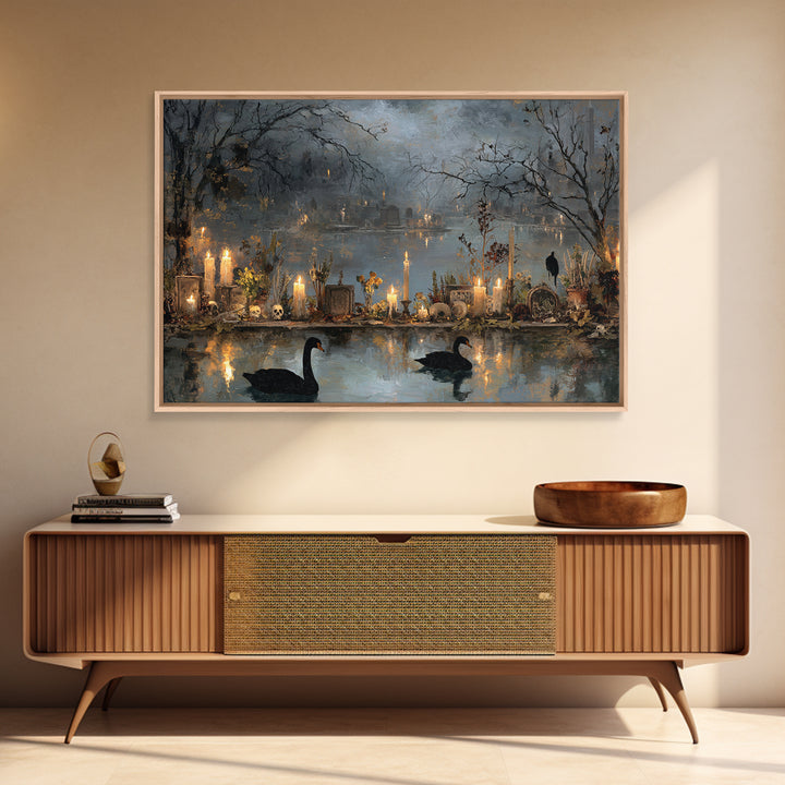 The Cemetery Swan Lake - Occult Still Life, Dark Fantasy Wall Art, Landscape Wall Art, Canvas Print, Halloween Home Decor, Gothic Wall Art