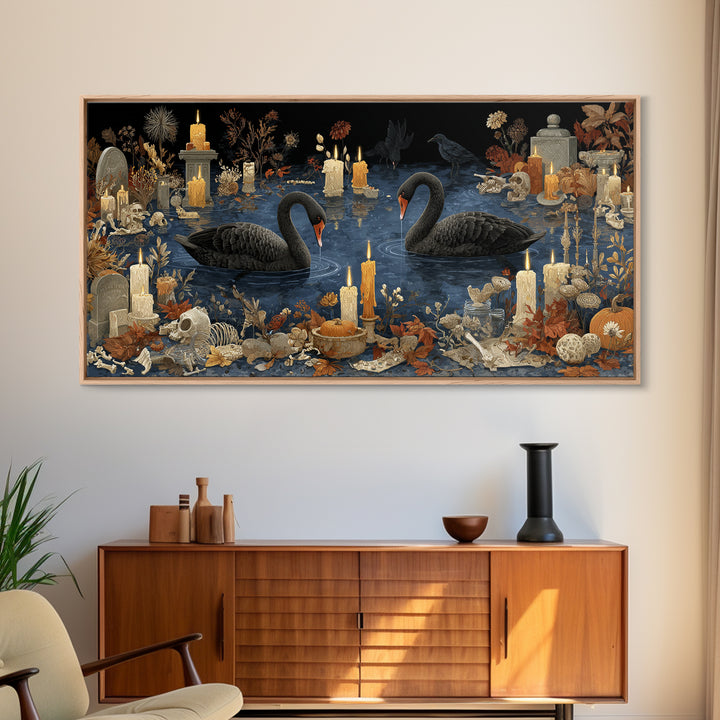 The Cemetery Swan Lake - Occult Still Life, Halloween Wall Art, Wide Panoramic Art, Framed Canvas Print, Halloween Home Decor