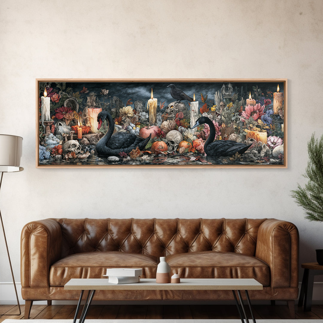 The Cemetery Swan Lake - Occult Still Life, Occult Wall Decor, Extra Wide Wall Art, Canvas Print, Halloween Home Decor, Gothic Wall Art