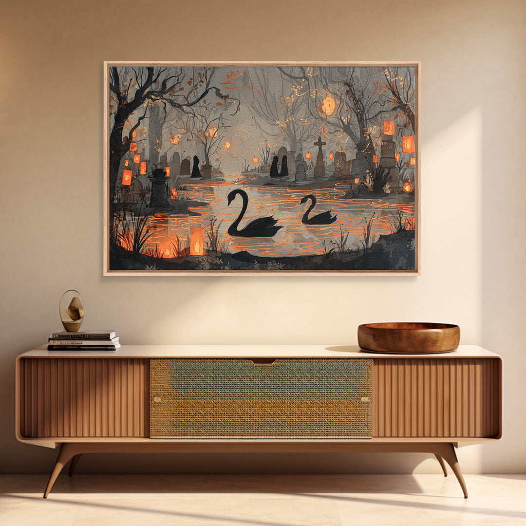 The Cemetery Swan Lake - Procession Scene, Occult Wall Decor, Landscape Wall Art, Canvas Print, Halloween Home Decor, Gothic Wall Art