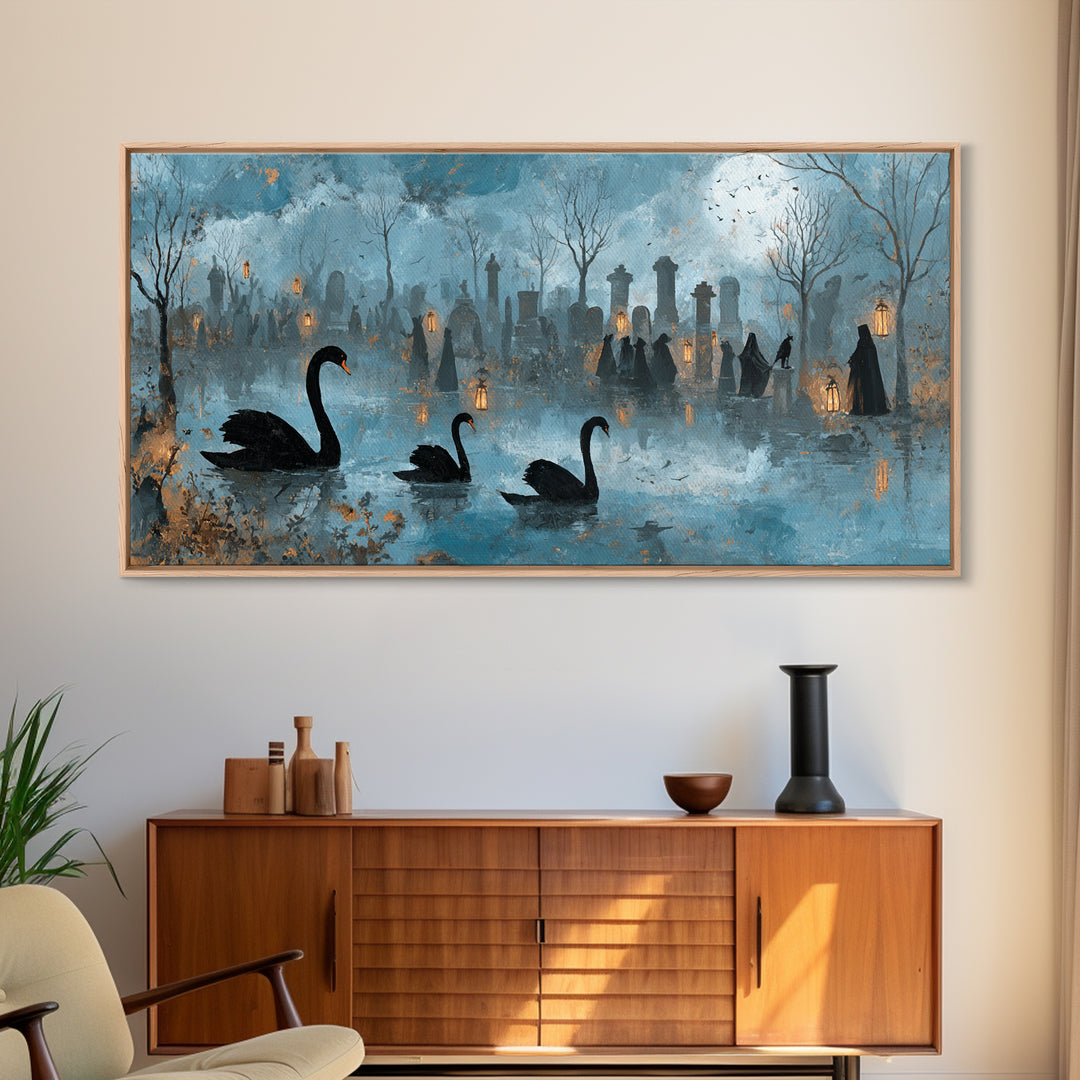 The Cemetery Swan Lake - Procession Scene, Spooky Wall Decor, Wide Panoramic Art, Framed Canvas Print, Halloween Home Decor, Gothic Wall Art