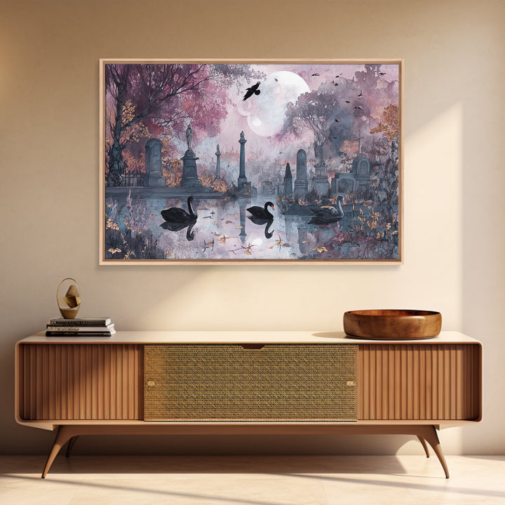 The Cemetery Swan Lake - Surreal Celestial Vision, Macabre Halloween Art, Landscape Wall Art, Framed Canvas Print, Halloween Home Decor