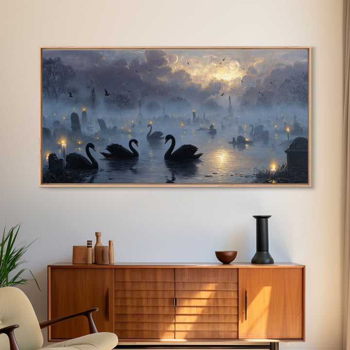 The Cemetery Swan Lake - Surreal Celestial Vision, Halloween Wall Art, Wide Panoramic Art, Framed Canvas Print, Halloween Home Decor