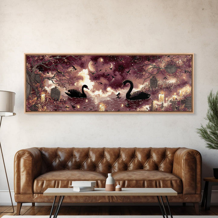 The Cemetery Swan Lake - Surreal Celestial Vision, Gothic Home Decor, Extra Wide Wall Art, Canvas Print, Halloween Home Decor