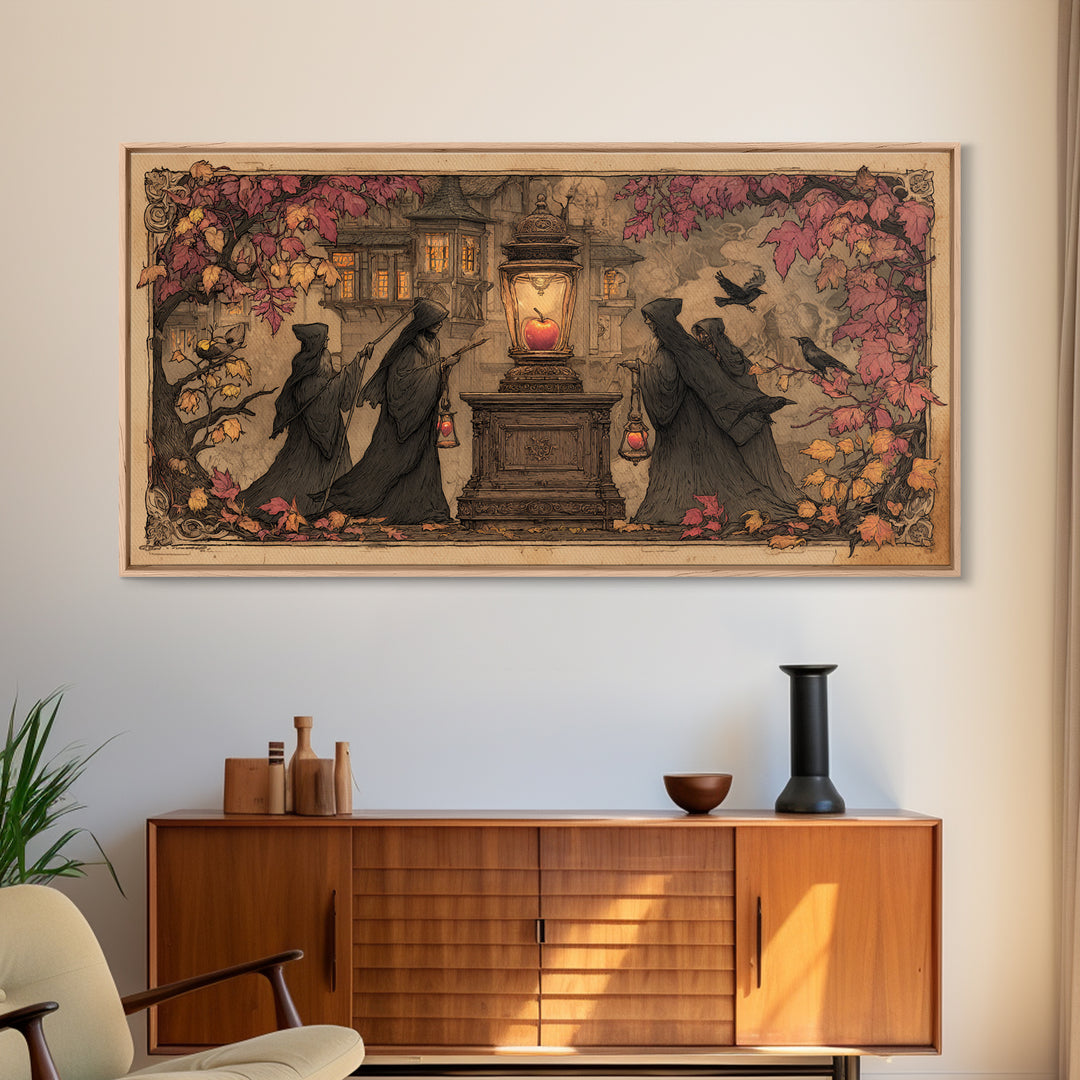 The Poison Apple Reliquary - Procession Scene, Gothic Home Decor, Wide Panoramic Art, Canvas Print, Halloween Home Decor, Gothic Wall Art