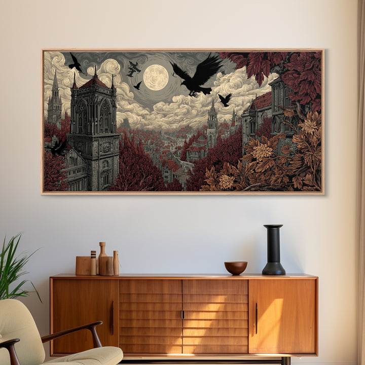 The Gargoyle Rooftop Choir - Environmental Panorama, Dark Fantasy Wall Art, Wide Panoramic Art, Canvas Print, Halloween Home Decor