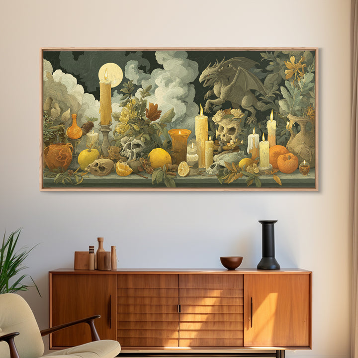 The Gargoyle Rooftop Choir - Occult Still Life, Gothic Home Decor, Wide Panoramic Art, Canvas Print, Halloween Home Decor, Gothic Wall Art