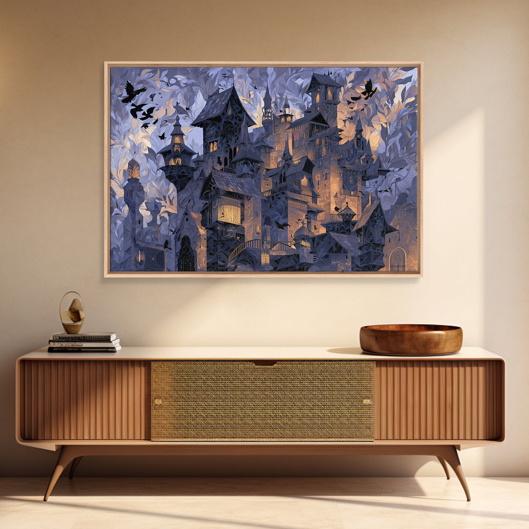 The Gargoyle Rooftop Choir - Procession Scene, Macabre Halloween Art, Landscape Wall Art, Framed Canvas Print, Halloween Home Decor