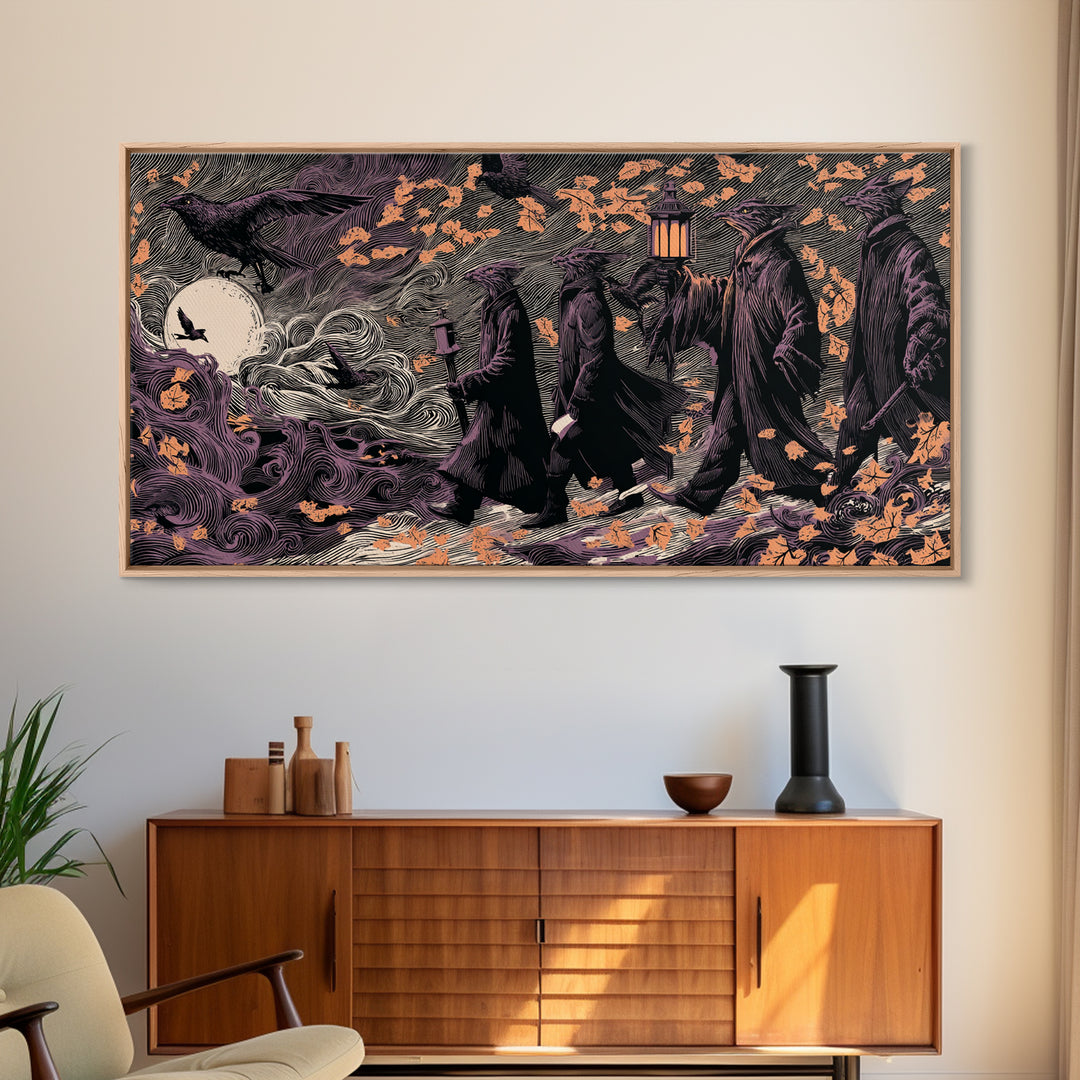 The Gargoyle Rooftop Choir - Procession Scene, Spooky Wall Decor, Wide Panoramic Art, Framed Canvas Print, Halloween Home Decor