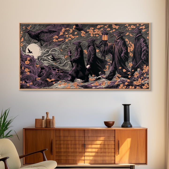 The Gargoyle Rooftop Choir - Procession Scene, Spooky Wall Decor, Wide Panoramic Art, Framed Canvas Print, Halloween Home Decor