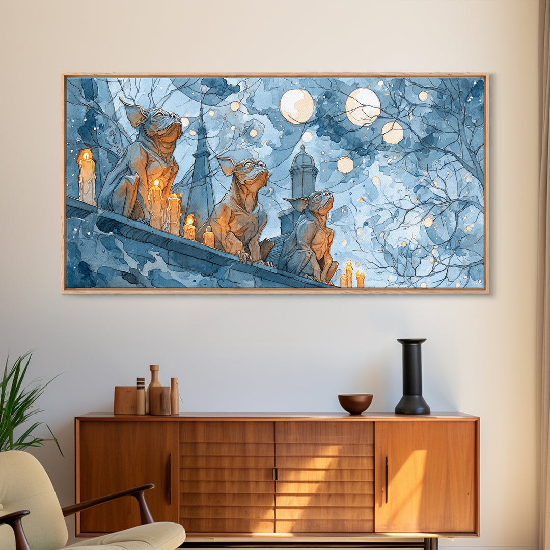 The Gargoyle Rooftop Choir - Surreal Celestial Vision, Macabre Halloween Art, Wide Panoramic Art, Framed Canvas Print, Halloween Home Decor